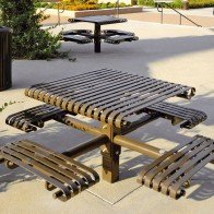 recycled steel table with attached seating